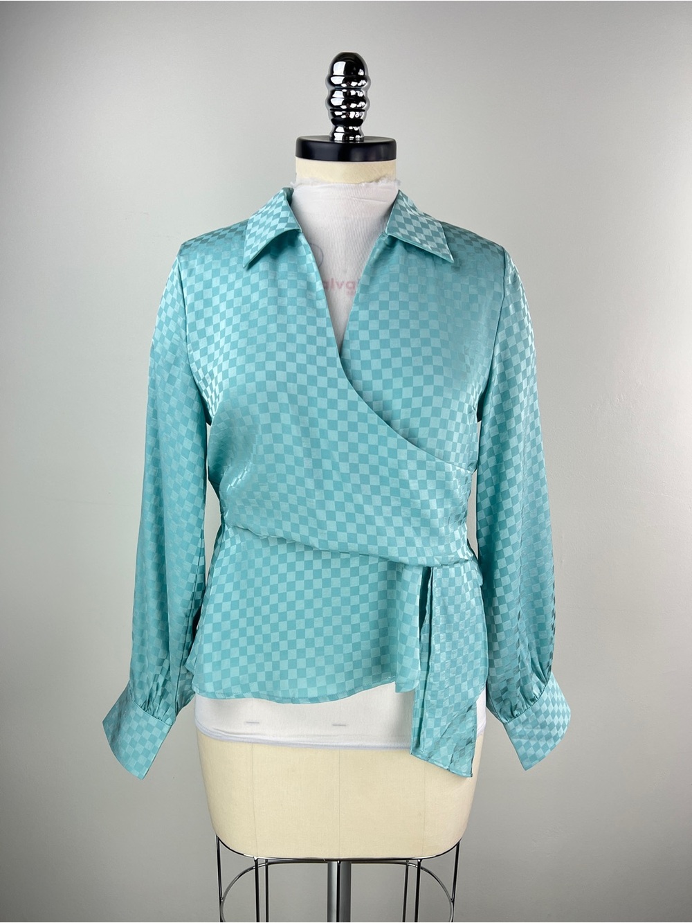 💚 3935. Women's Aqua Satin Crossover Peplum Blouse